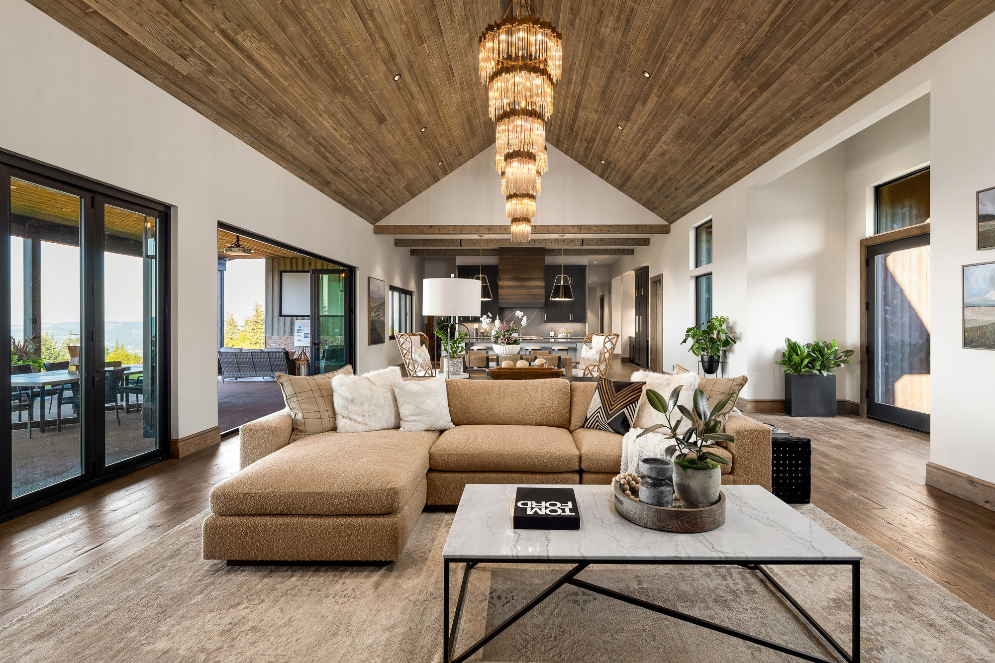 Vaulted great room with wood ceilings
